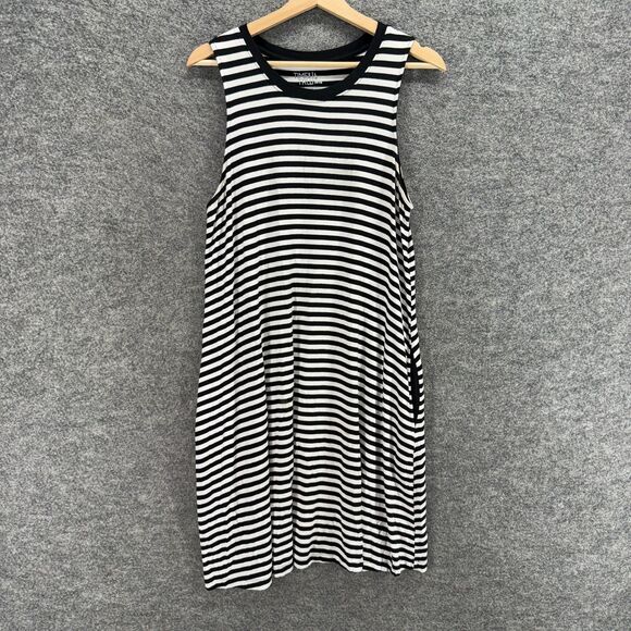 Time And Tru Dress Women L Large Black Striped Shift Midi Sleeveless Rayon - Picture 1 of 7